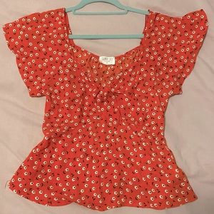 Red floral tie front blouse size S